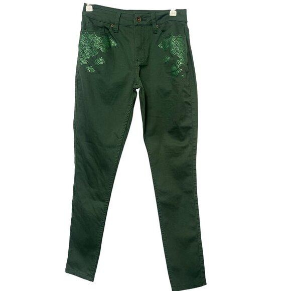 Womens Sz 1 Disney Mulan Green Jeans By Her Universe Ready To Stand Patch Scale - Picture 1 of 7
